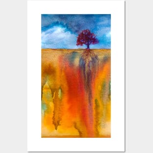 Watercolor abstract landscape and single tree Posters and Art